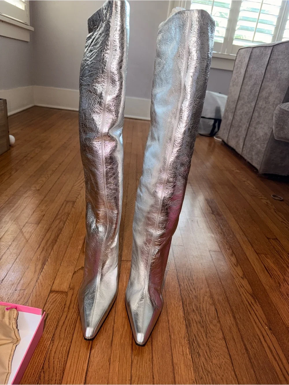 Paris Texas Jane Silver Over-the-Knee Crinkled Leather Metallic Boots New In Box